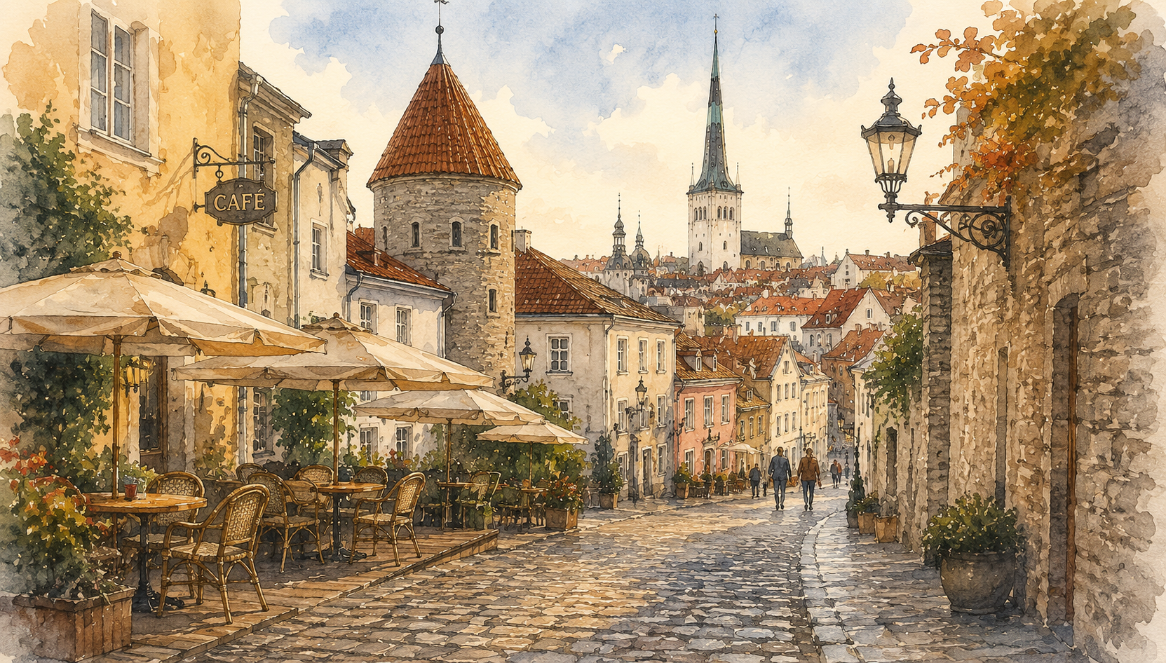 Tallinn Altstadt — Aquarellillustration mit Straßencafé und mittelalterlicher Architektur
