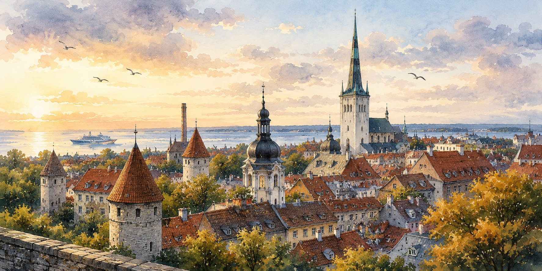 Tallinn Skyline — Aquarellillustration mit mittelalterlichen Türmen, roten Dächern und der Ostsee im Hintergrund